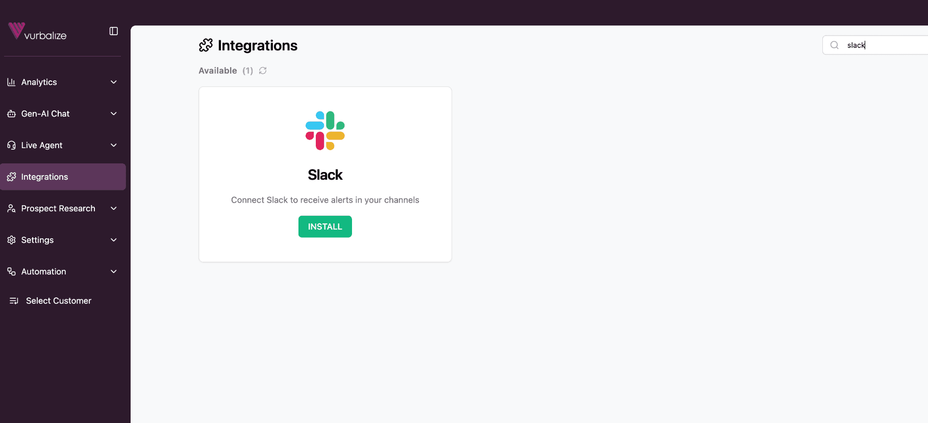 Vurbalize Integrations page with Slack listed