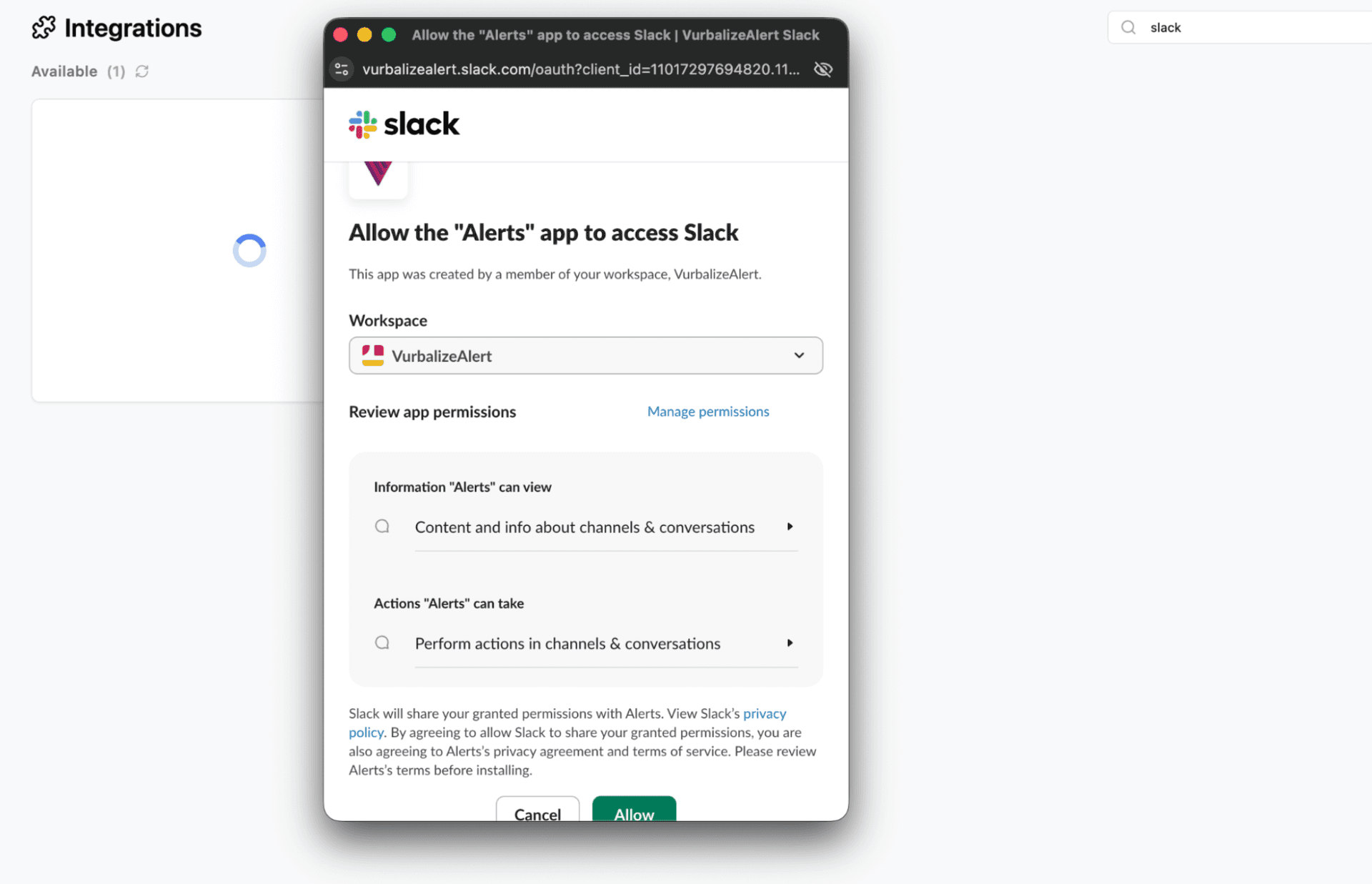 Slack OAuth authorization screen
