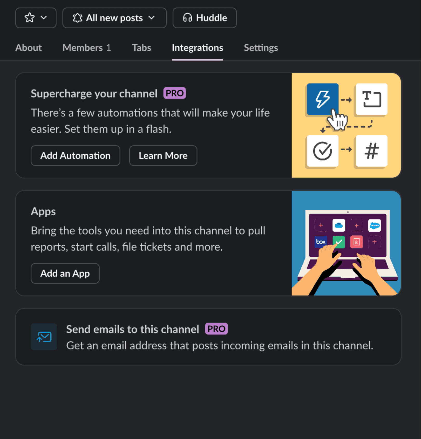 Channel details integrations tab in Slack