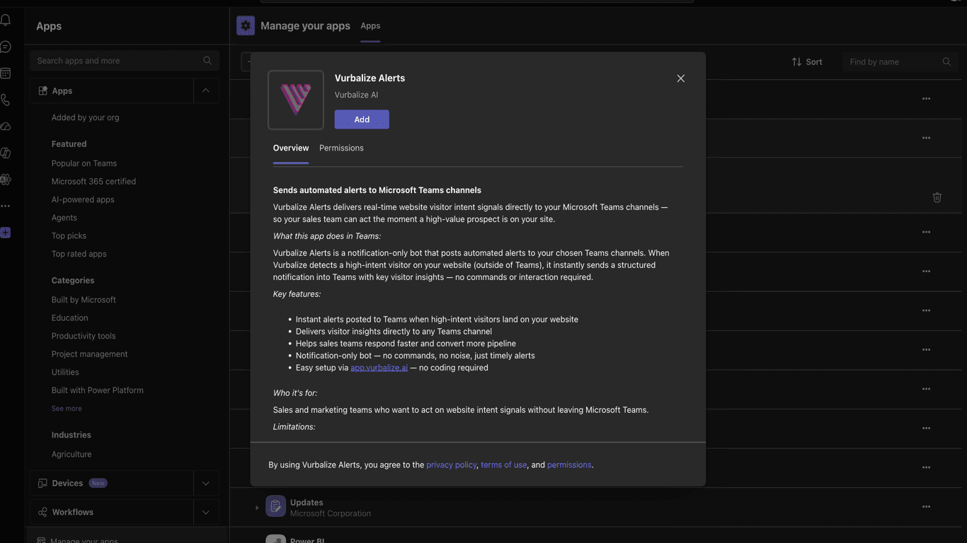 Vurbalize Alerts app in Microsoft Teams marketplace