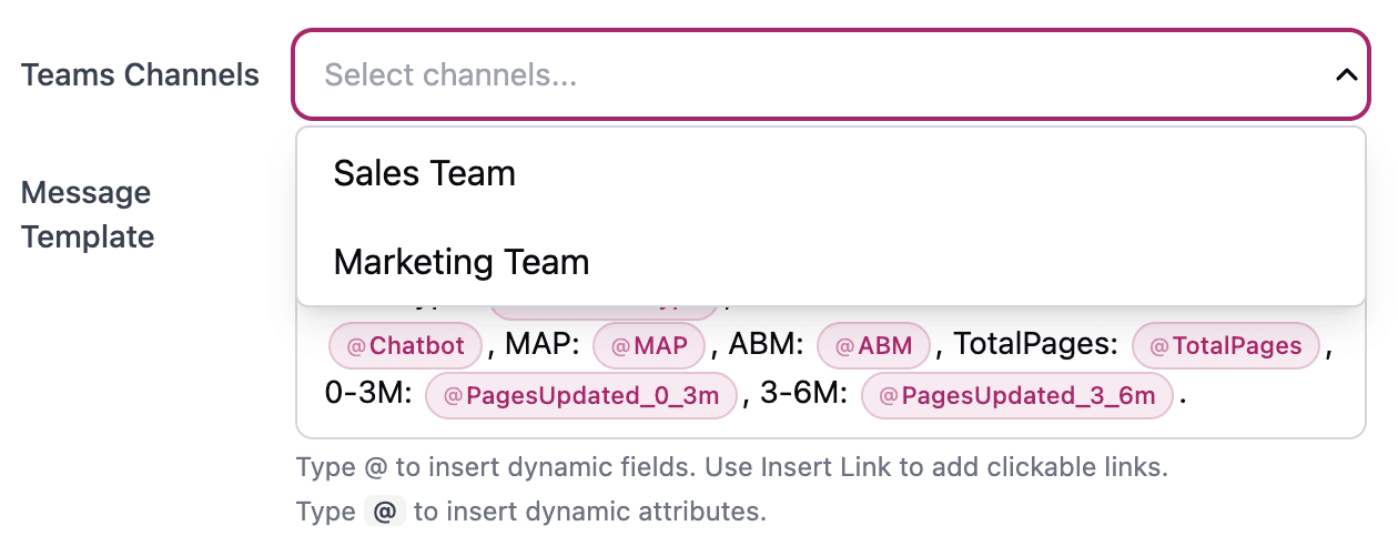Microsoft Teams channel selector in Vurbalize workflow